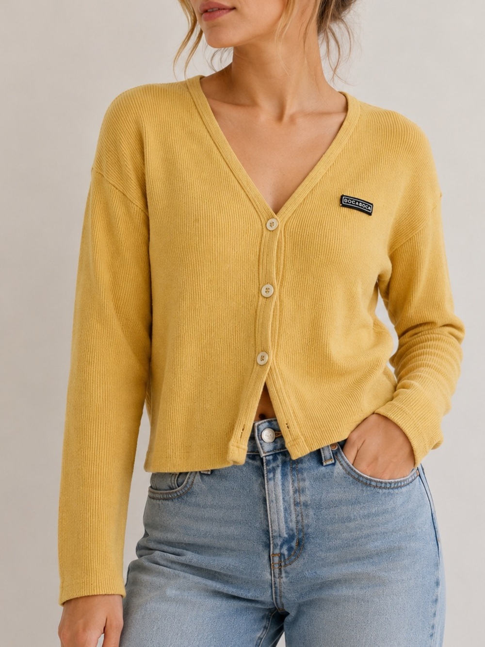 Vintage 90s Boca AU Cotton Ribbed Button Front Cardigan Yellow Made in Canada L